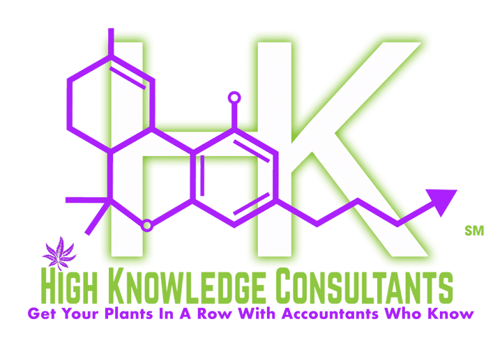 Logo for High Knowledge Consultants featuring a stylized chemical structure over large "HK" letters, a small cannabis leaf, and the tagline: "Get Your Plants In A Row With Accountants Who Know.
